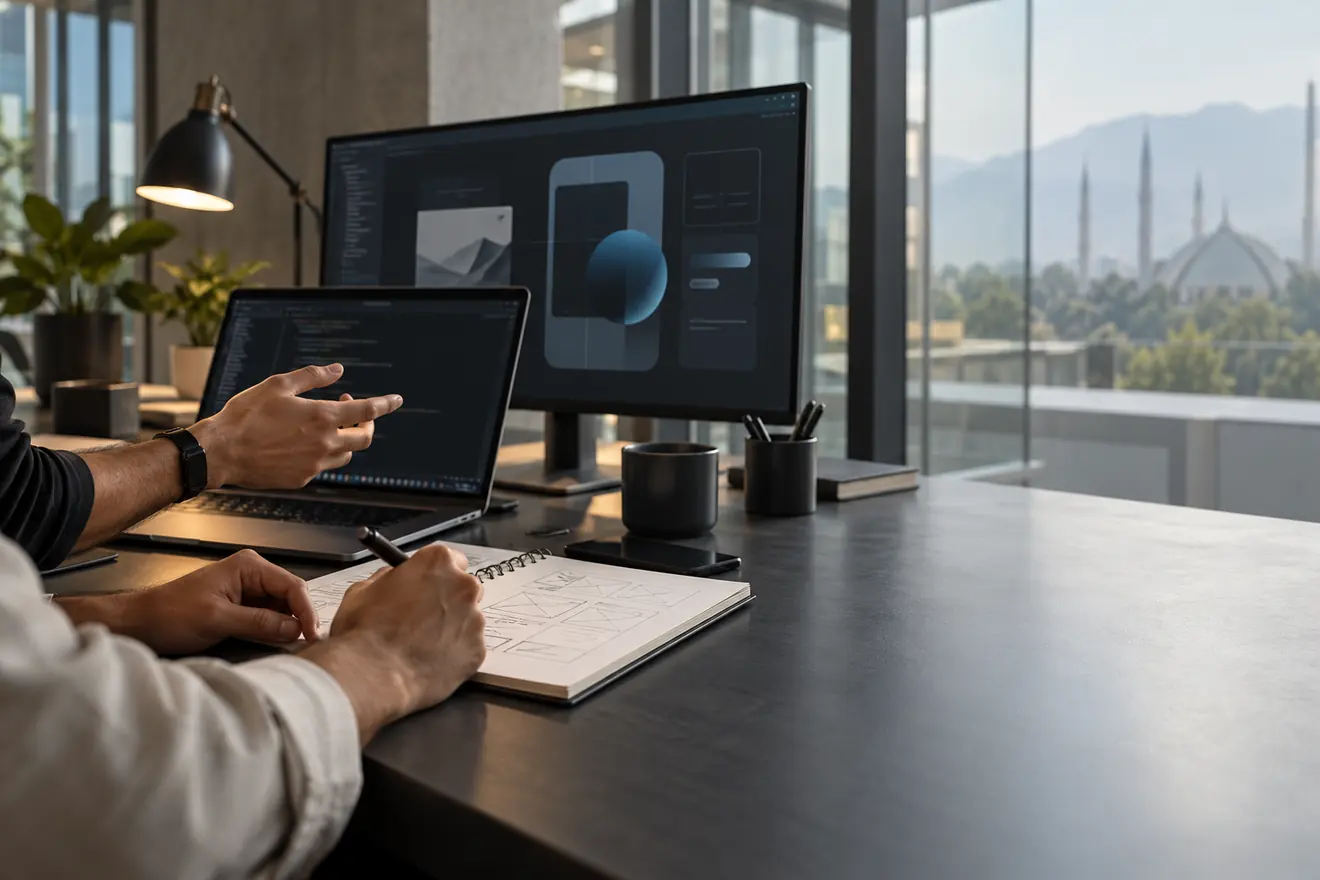 Illustrative software workspace with a shared code screen, laptop and product sketches